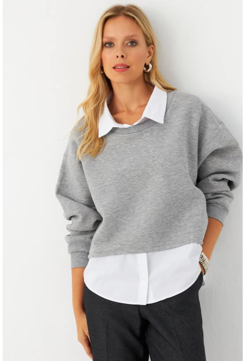 Kadın Gri Gömlek Detaylı Sweatshirt MAYD21