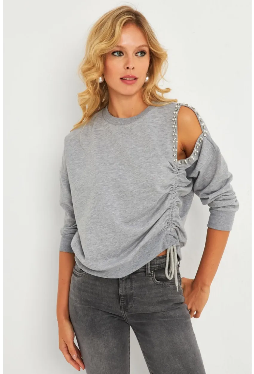 Kadın Gri İnci Detaylı Büzgülü Sweatshirt RLO04