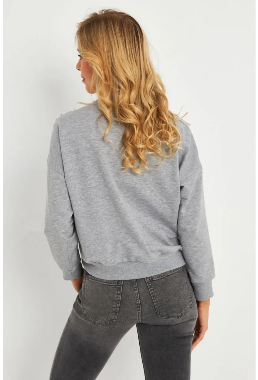 Kadın Gri İnci Detaylı Büzgülü Sweatshirt RLO04