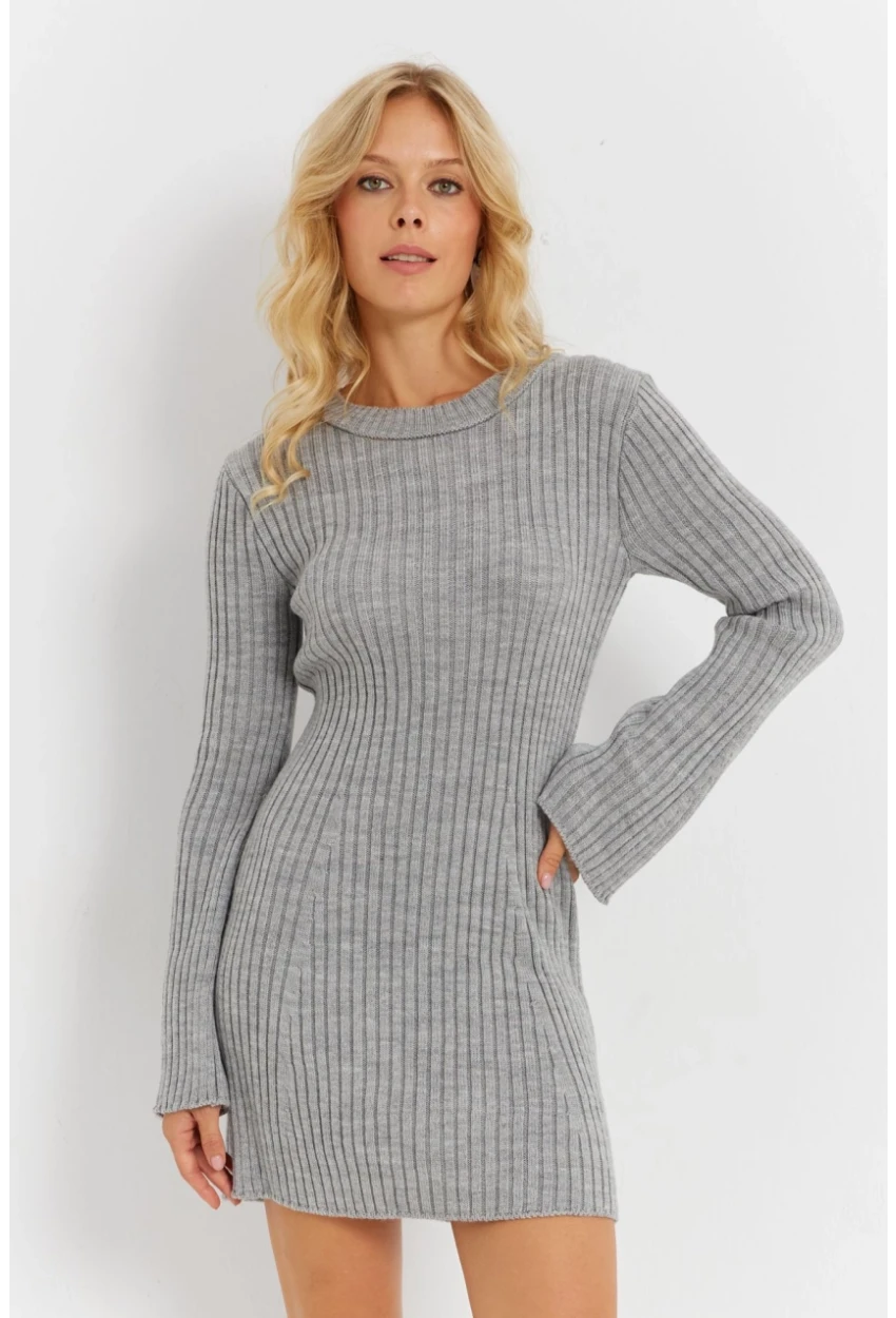 Kadın Gri İspanyol Kol Triko Mini Elbise YV273