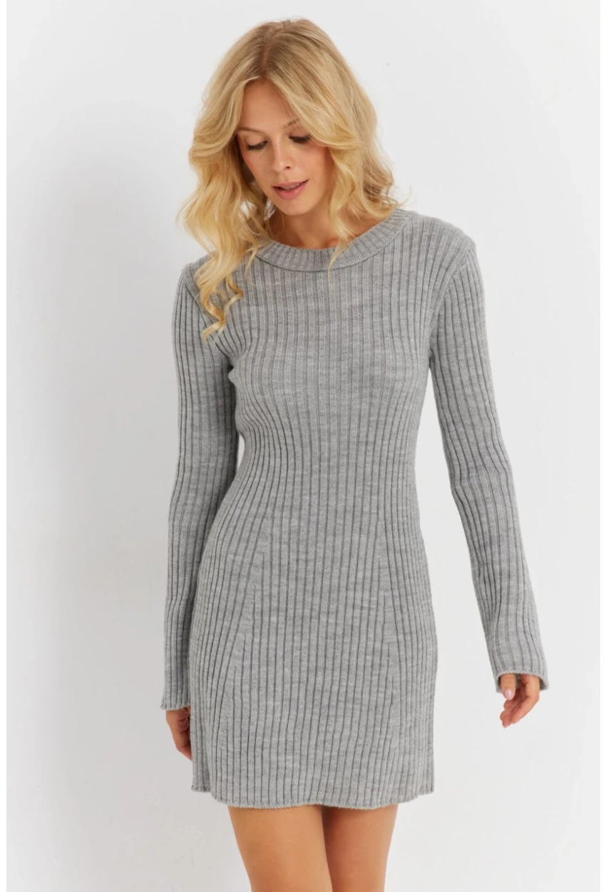 Kadın Gri İspanyol Kol Triko Mini Elbise YV273
