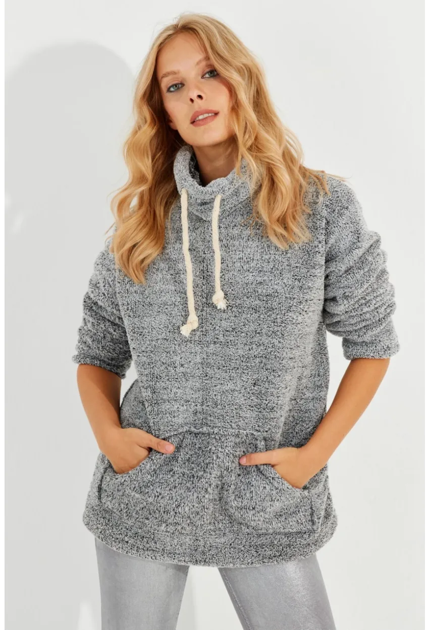 Kadın Gri Kanguru Cep Peluş Sweatshirt Q978