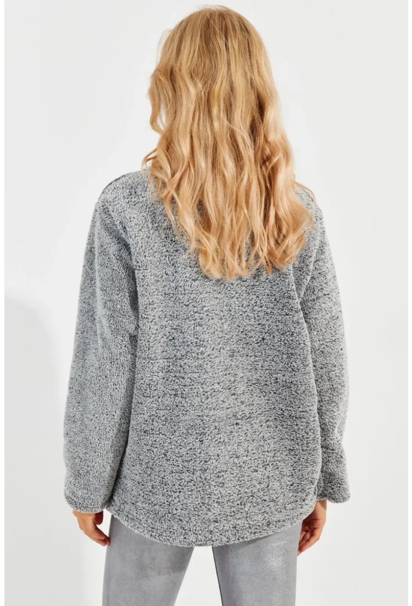 Kadın Gri Kanguru Cep Peluş Sweatshirt Q978