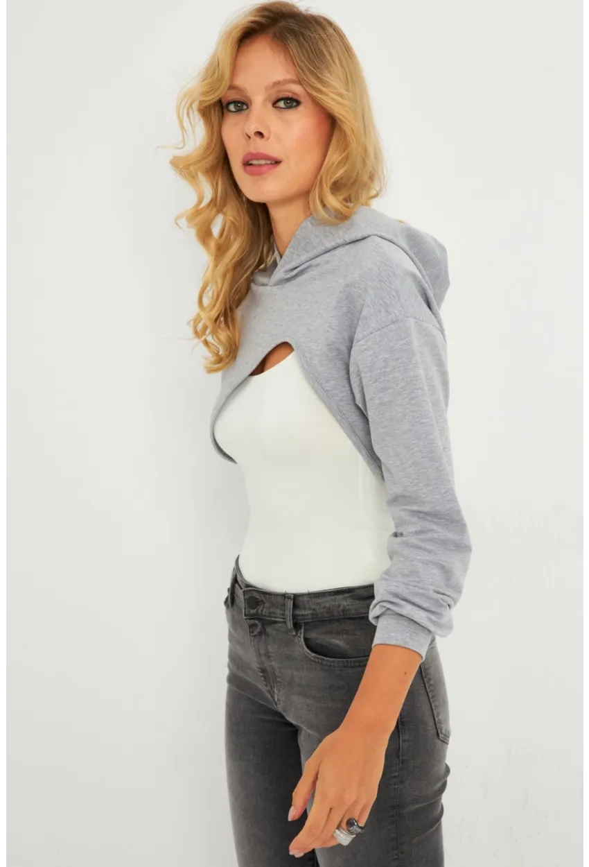 Kadın Gri Kapüşonlu Crop Sweatshirt  TF03