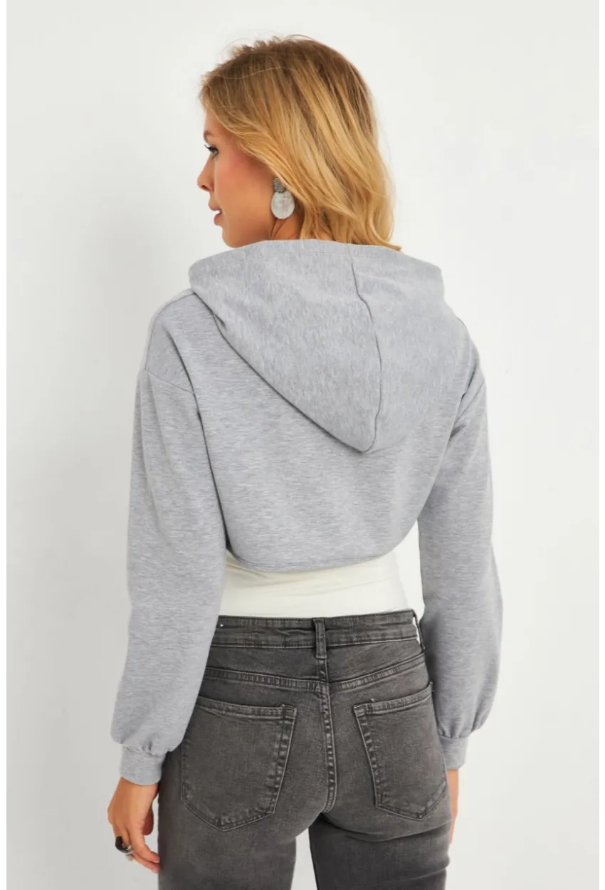 Kadın Gri Kapüşonlu Crop Sweatshirt  TF03