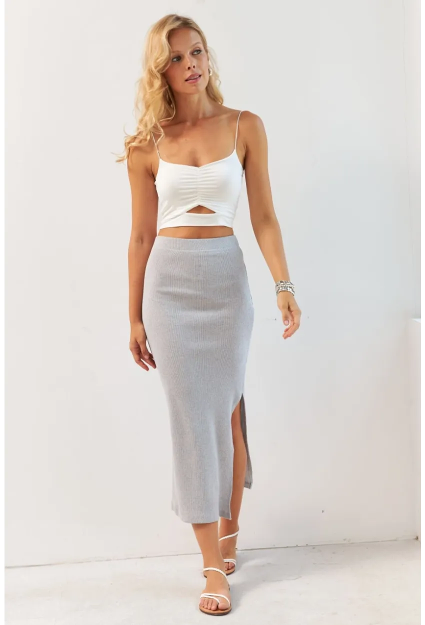 Kadın Gri Kaşkorse Midi Etek XL2034