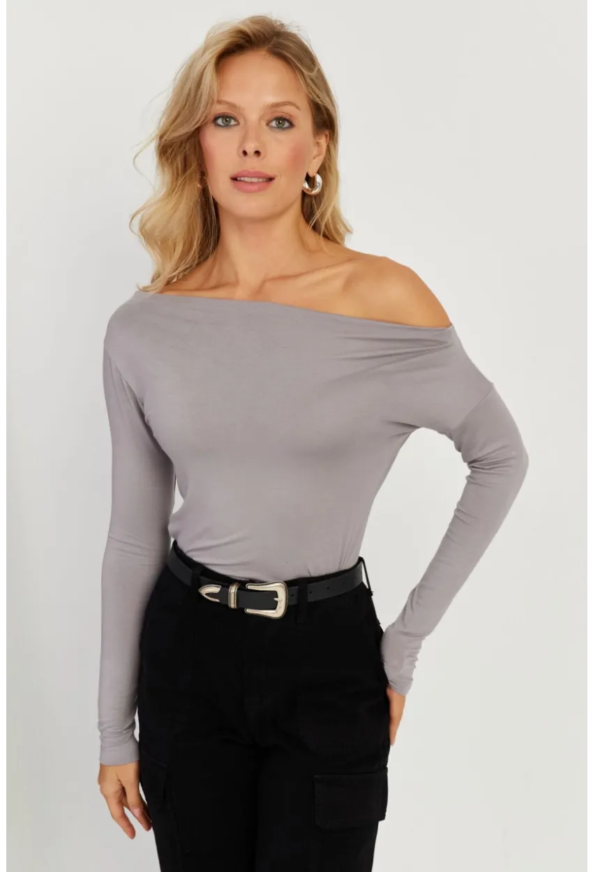 Kadın Gri Kayık Yaka Bluz LPP1254