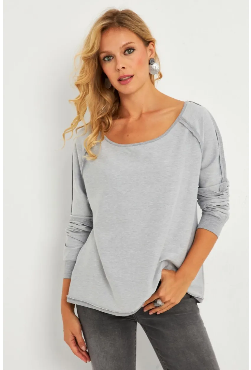 Kadın Gri Kayık Yaka Ters Dikişli Sweatshirt TF10