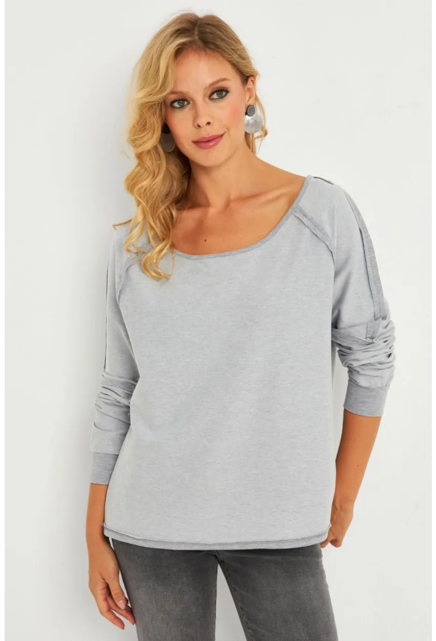 Kadın Gri Kayık Yaka Ters Dikişli Sweatshirt TF10