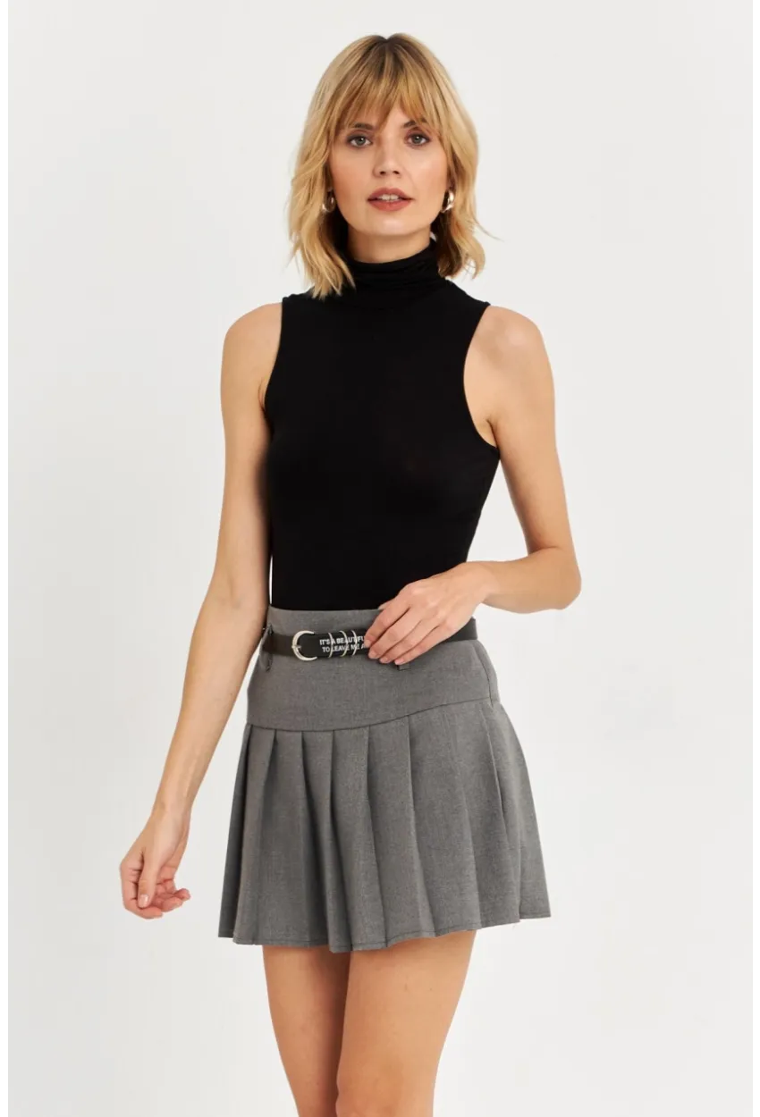 Kadın Gri Kemerli Pilili Mini Etek ELA6024