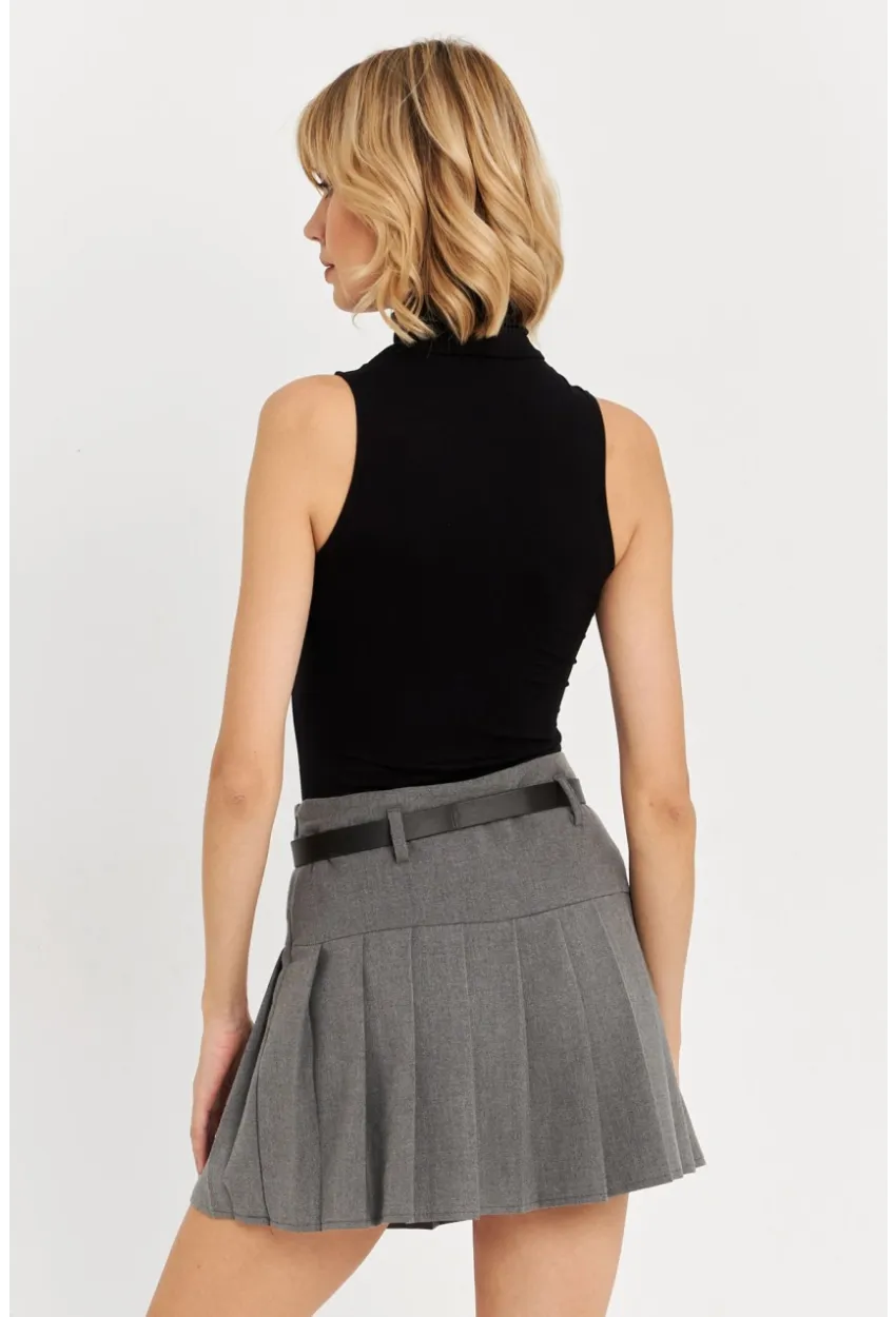 Kadın Gri Kemerli Pilili Mini Etek ELA6024