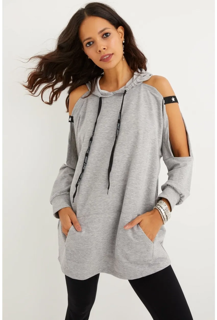 Kadın Gri Kolları Açık Kapüşonlu Sweatshirt Yİ2356