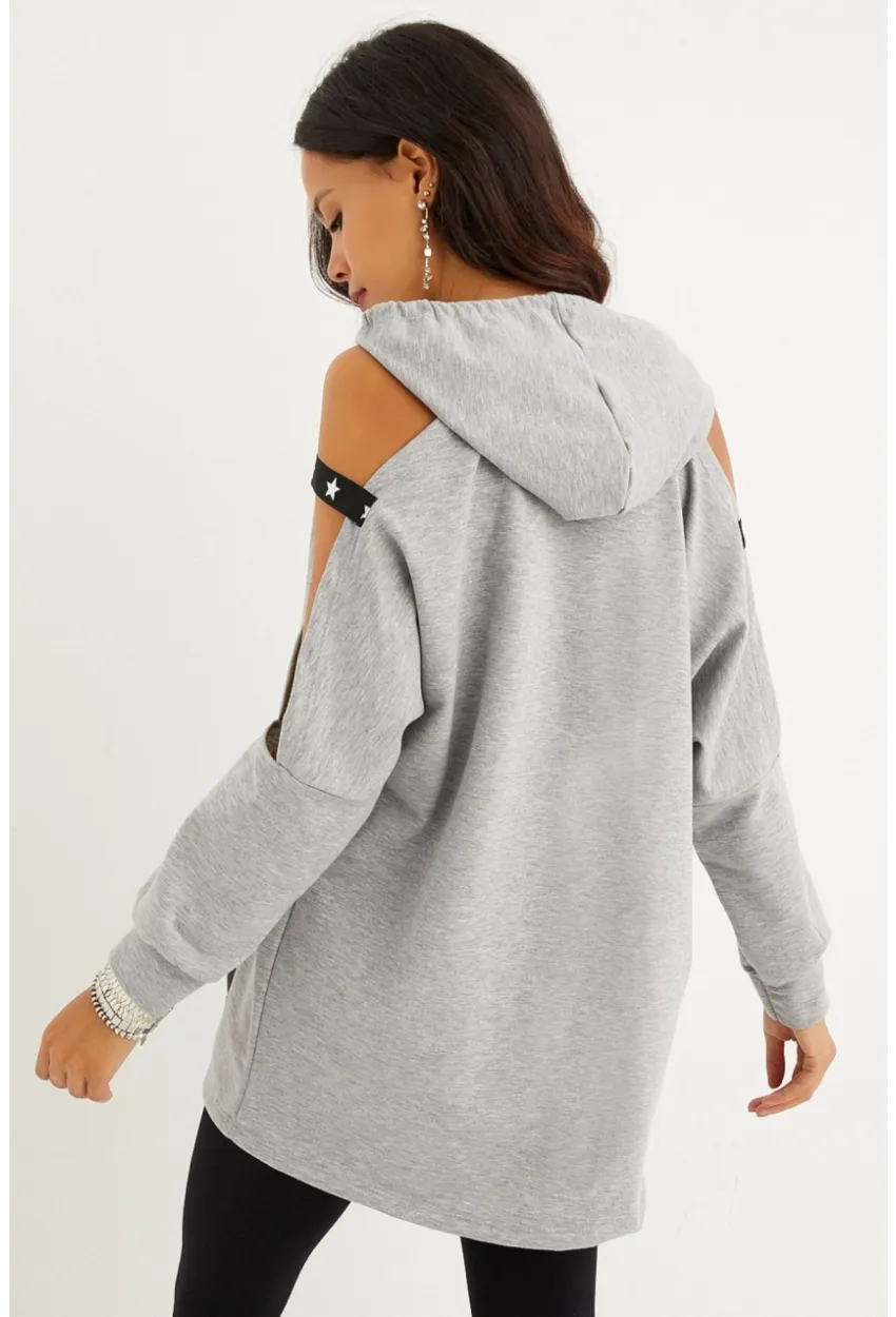 Kadın Gri Kolları Açık Kapüşonlu Sweatshirt Yİ2356