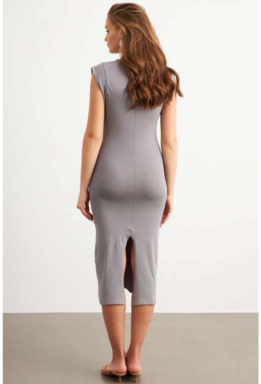 Kadın Gri Kolsuz Basic Midi Elbise FLU7109