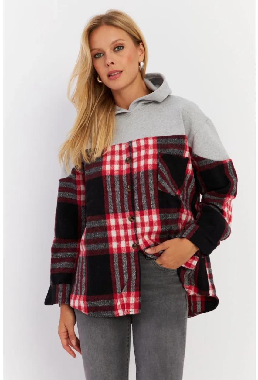 Kadın Gri Kontrast Düğmeli Sweatshirt YLE004