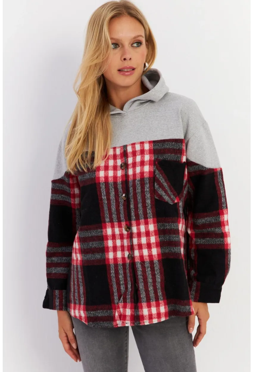 Kadın Gri Kontrast Düğmeli Sweatshirt YLE004