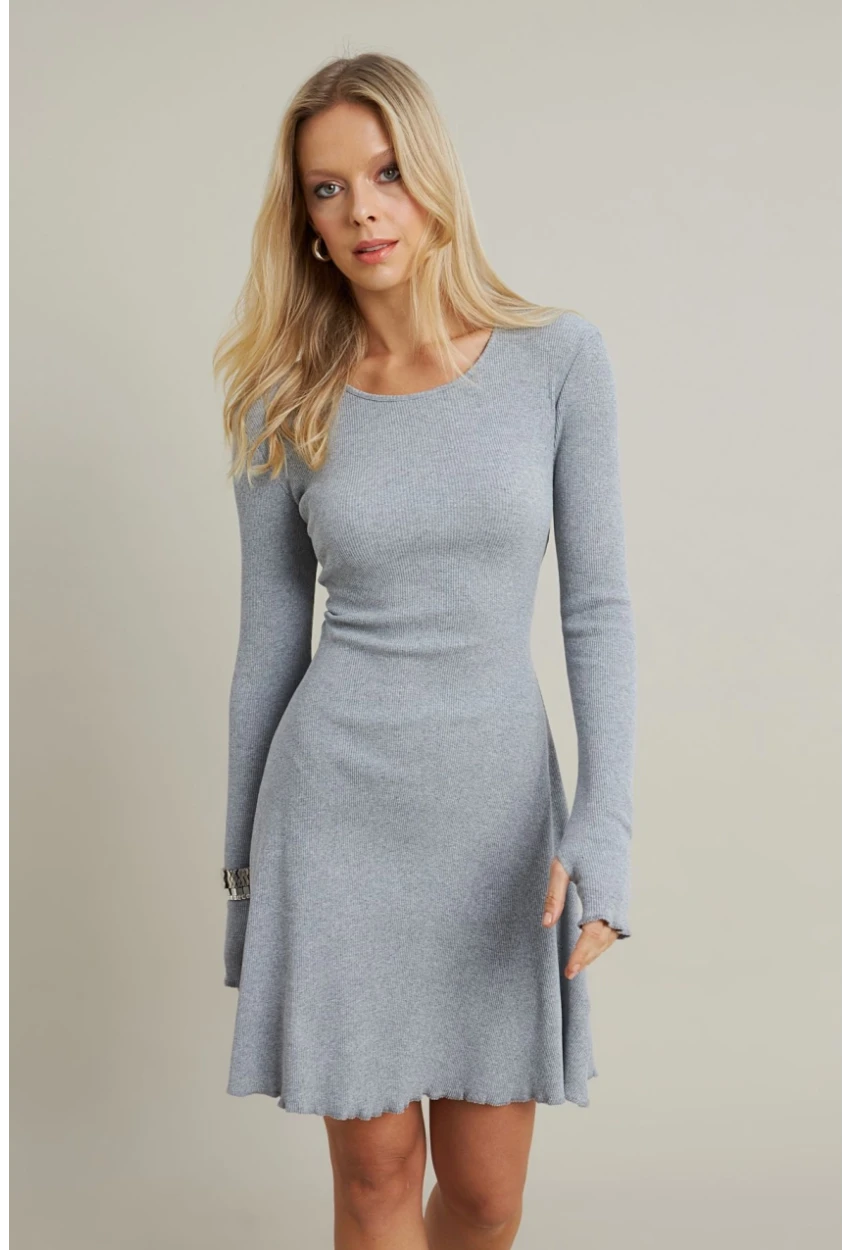 Kadın Gri Melanj Bağlamalı Kaşkorse Mini Elbise FRY2175