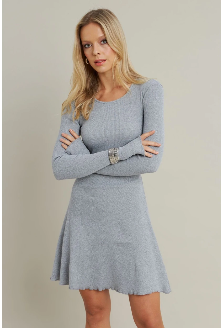 Kadın Gri Melanj Bağlamalı Kaşkorse Mini Elbise FRY2175