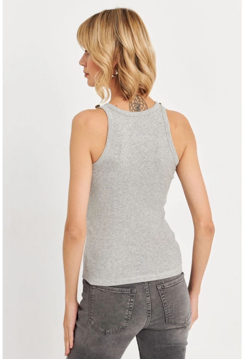 Kadın Gri Melanj Düğme Detaylı Kolsuz Kaşkorse Bluz TF55