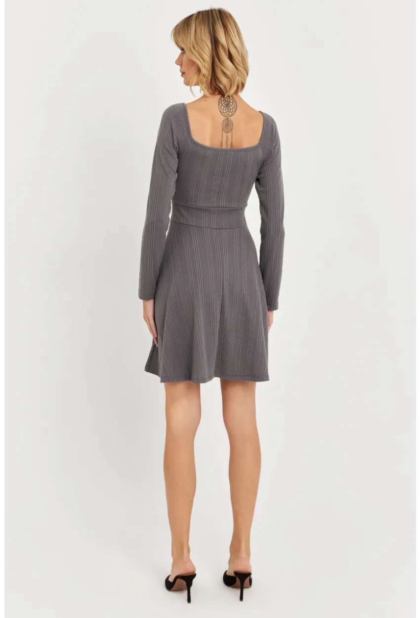 Kadın Gri Önü Bağlamalı Mini Elbise TF59