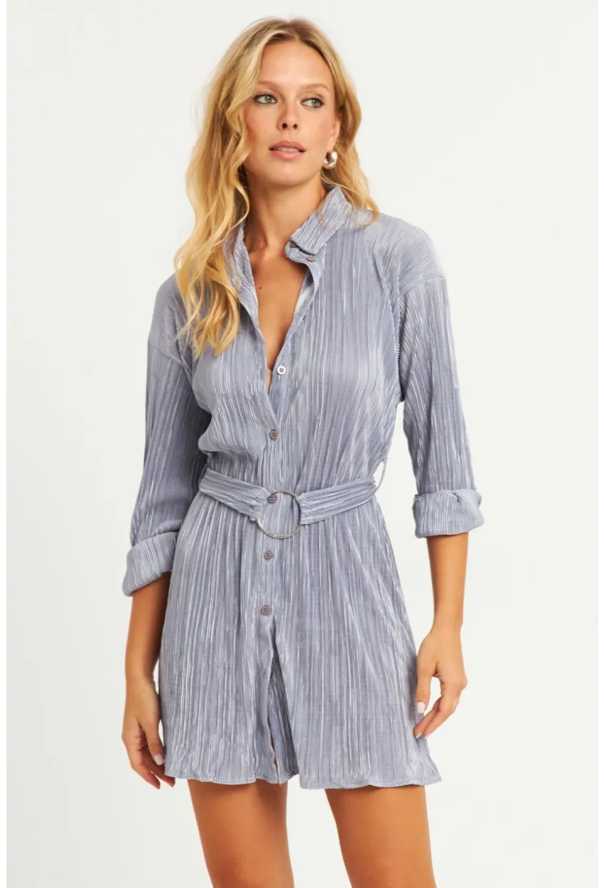 Kadın Gri Piliseli Kemerli Mini Elbise TW70124-90