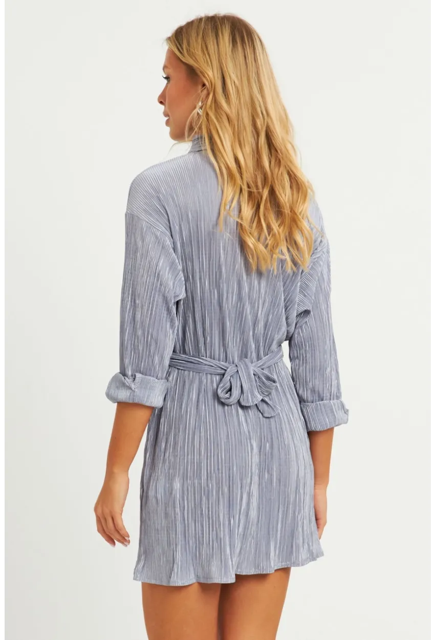 Kadın Gri Piliseli Kemerli Mini Elbise TW70124-90