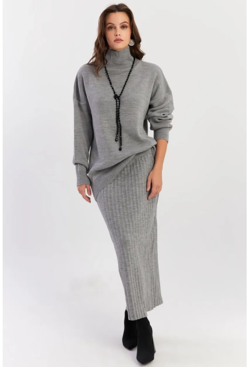 Kadın Gri Plili Alt Üst Triko Takım SF2554