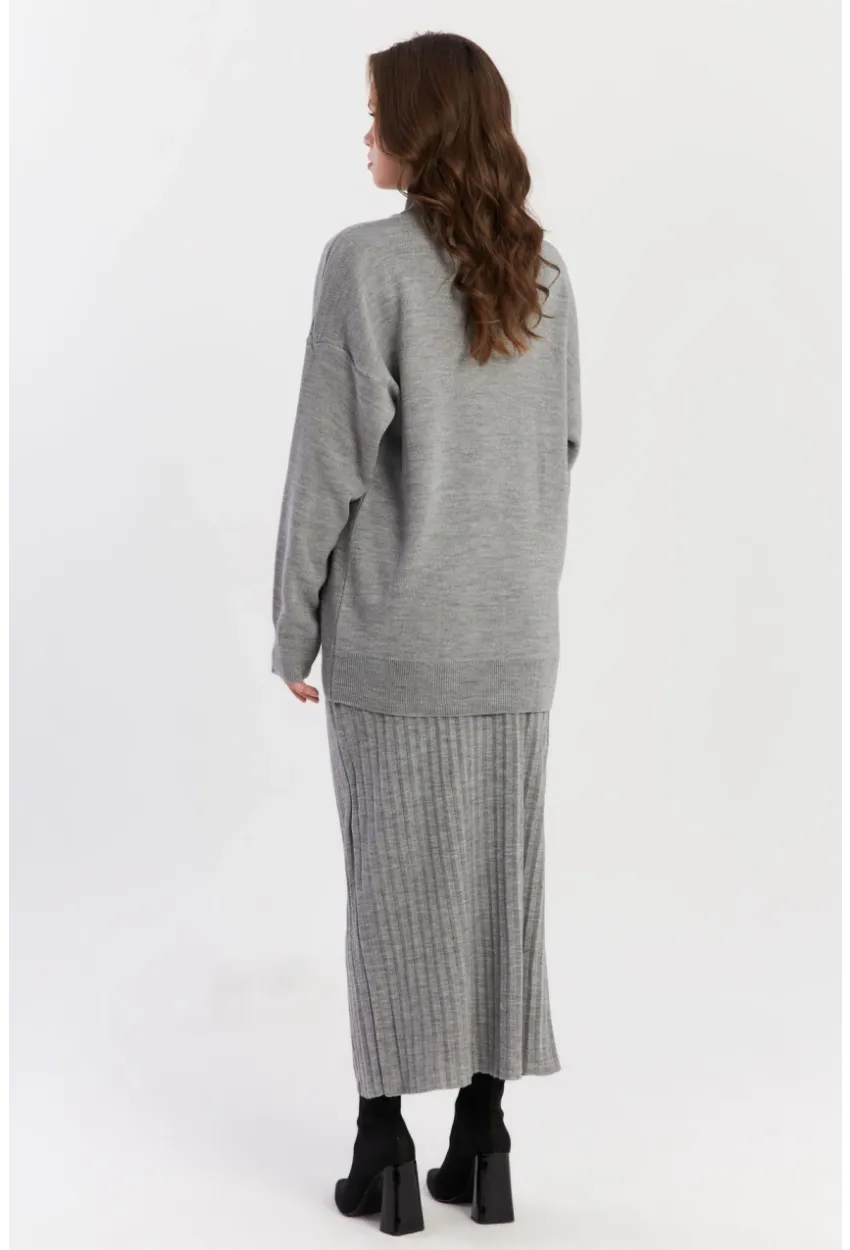 Kadın Gri Plili Alt Üst Triko Takım SF2554