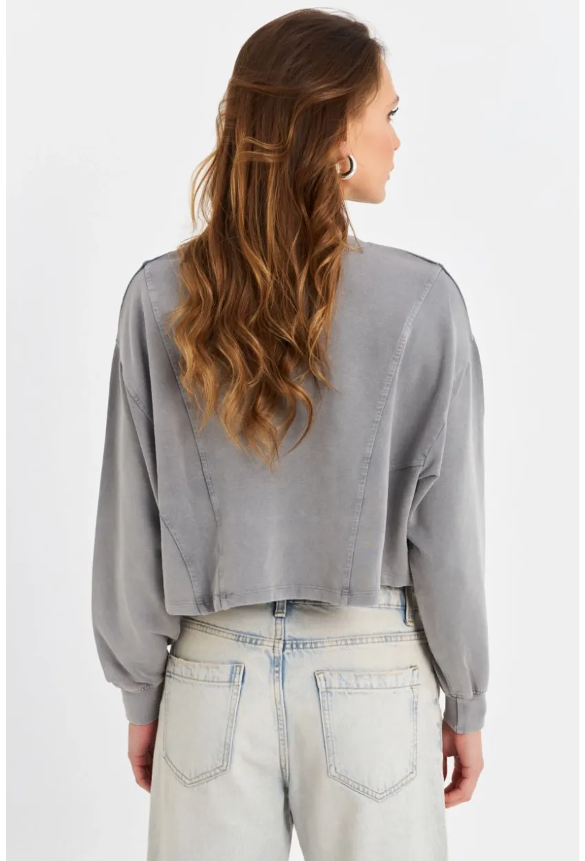 Kadın Gri Salaş Crop Sweatshirt ZH08