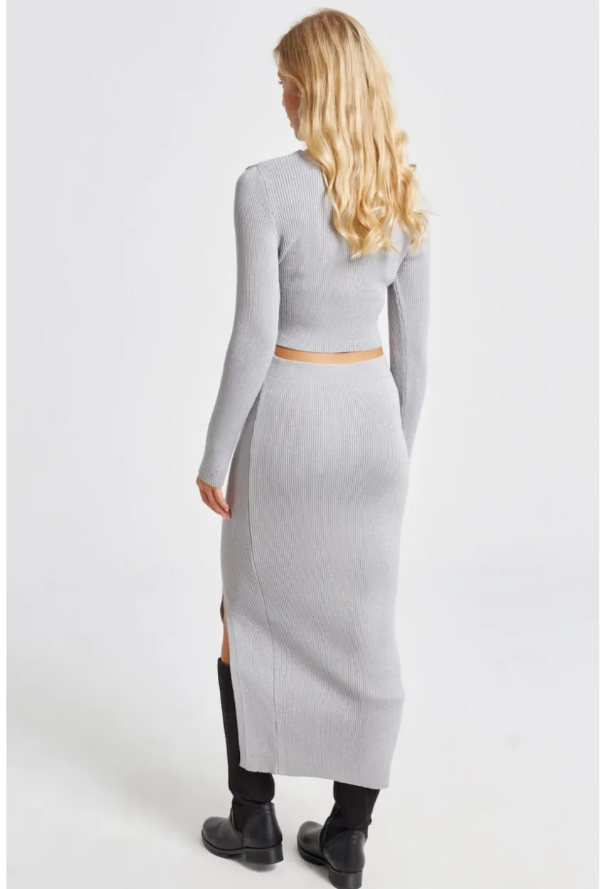 Kadın Gri Simli Triko Etek Takım KZ2497