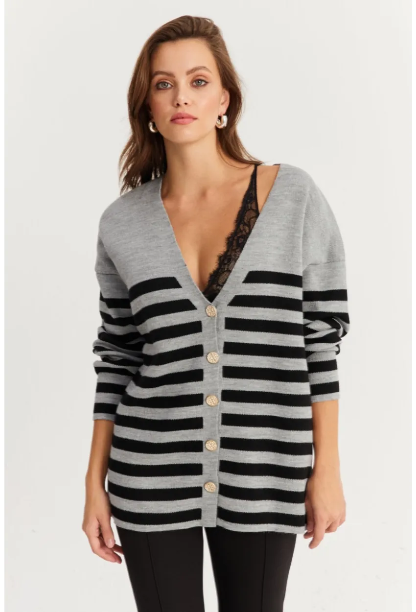 Kadın Gri-Sıyah Çizgili Triko Hırka CNG3