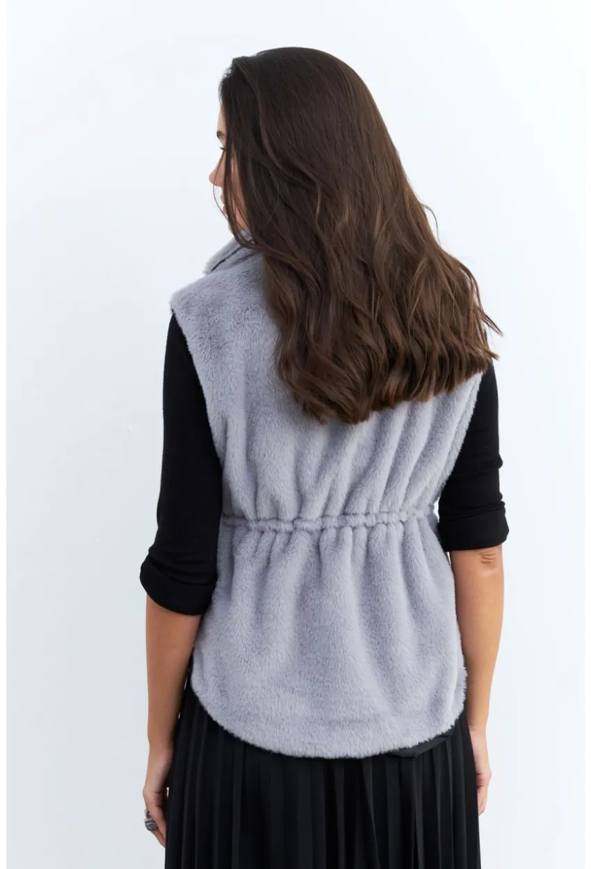 Kadın Gri Suni Kürk Cepli Yelek MK66