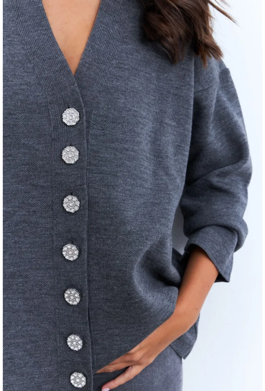 Kadın Gri Taşlı Düğmeli Hırka MİW4572