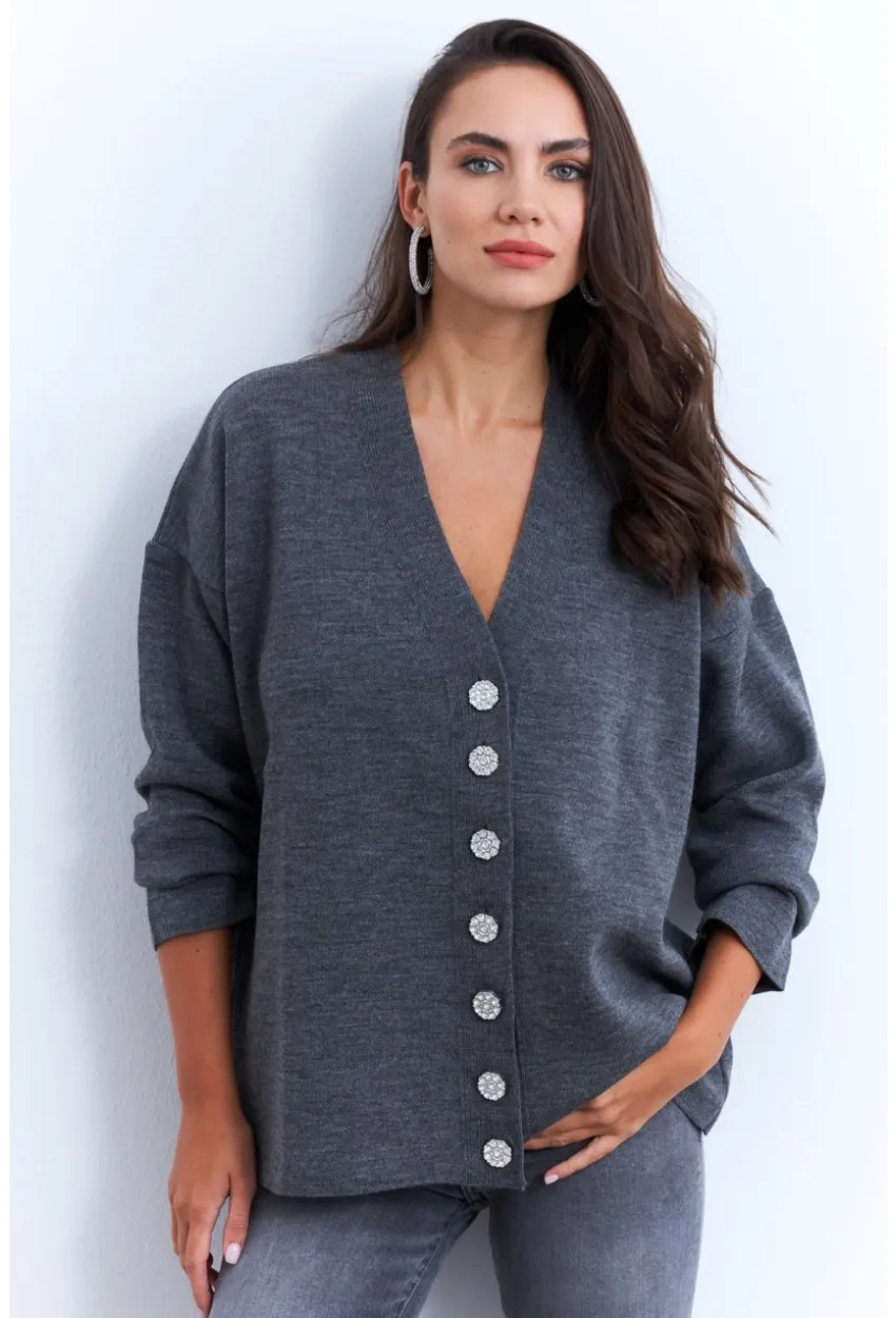 Kadın Gri Taşlı Düğmeli Hırka MİW4572