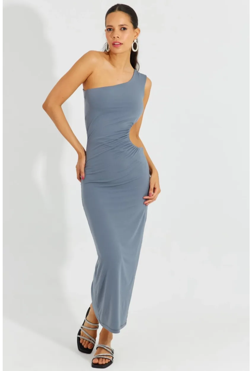 Kadın Gri Tek Omuz Yırtmaçlı Maxi Elbise B2629