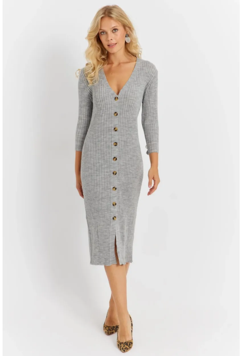 Kadın Gri Triko Midi Gömlek Elbise YV274