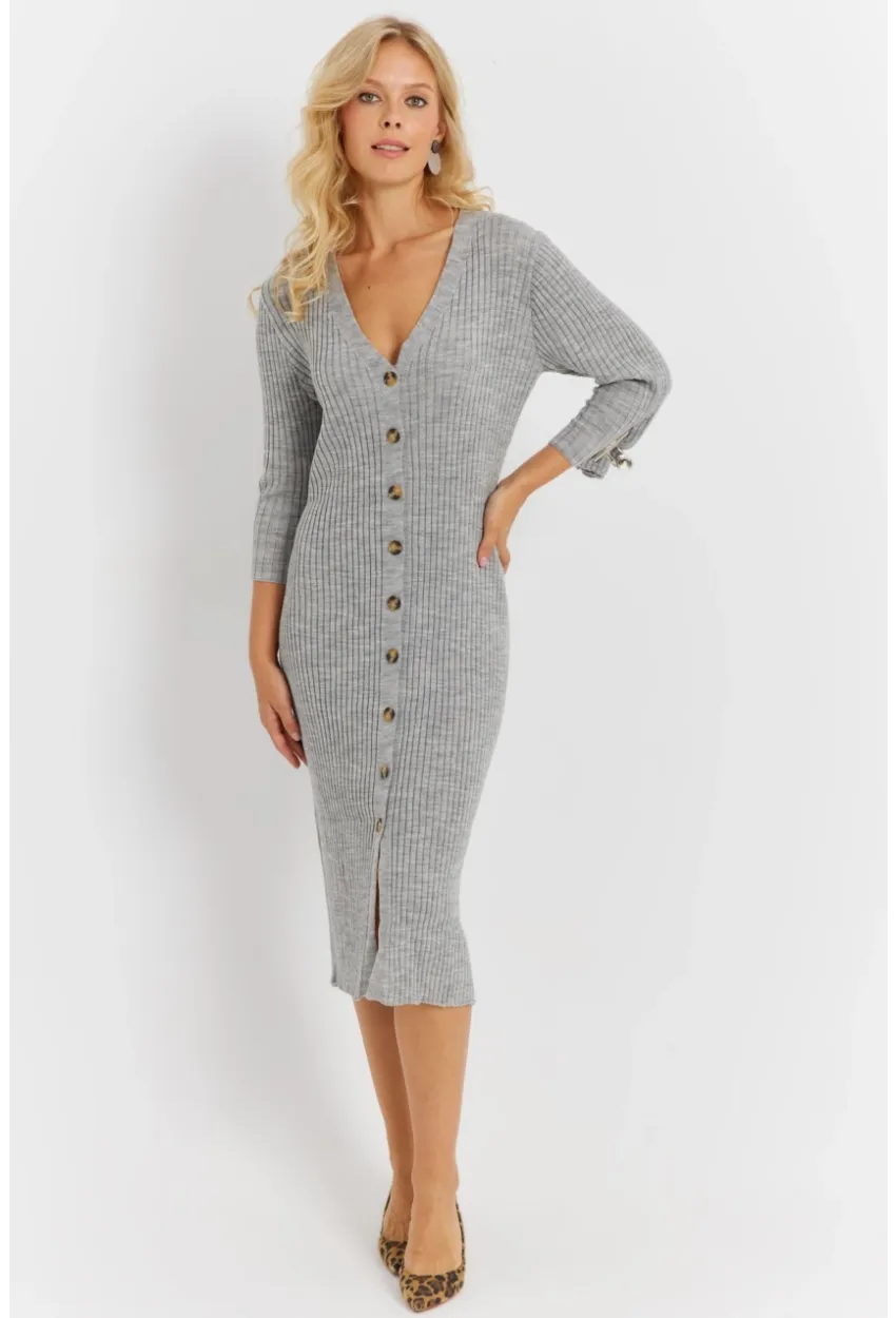 Kadın Gri Triko Midi Gömlek Elbise YV274