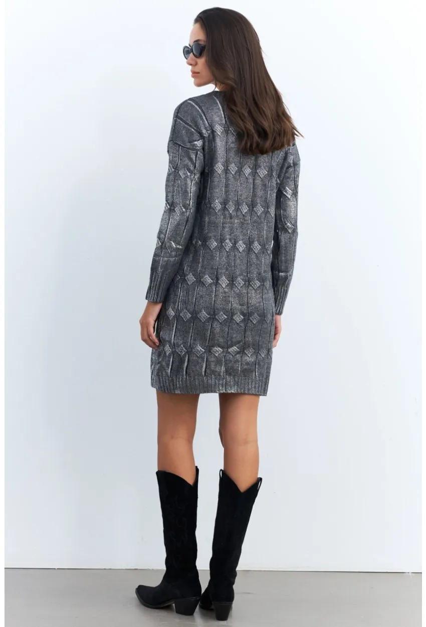 Kadın Gri Varaklı Triko Midi Elbise NAR446