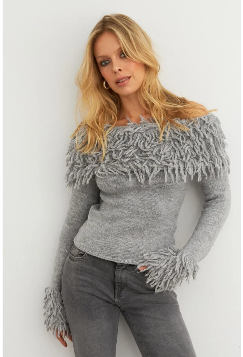 Kadın Gri Yakası Sakallı Madonna Bluz KZ542