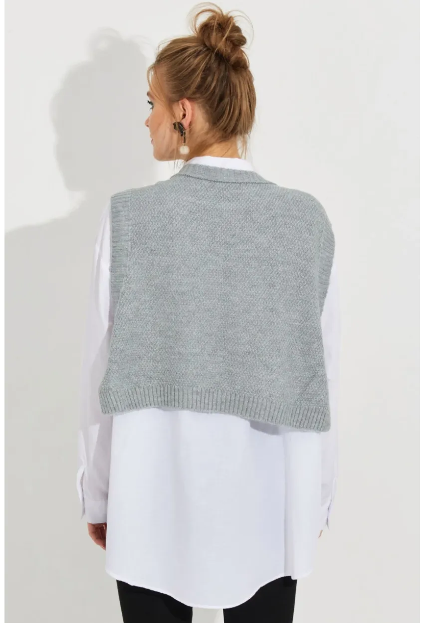 Kadın Gri Yanları Bağlamalı Süveter YV210