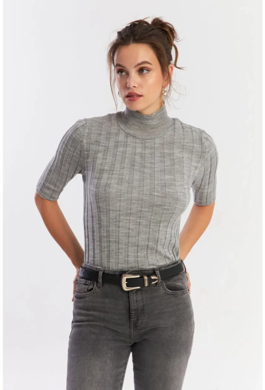 Kadın Gri Yarım Balıkçı Triko Bluz YV287