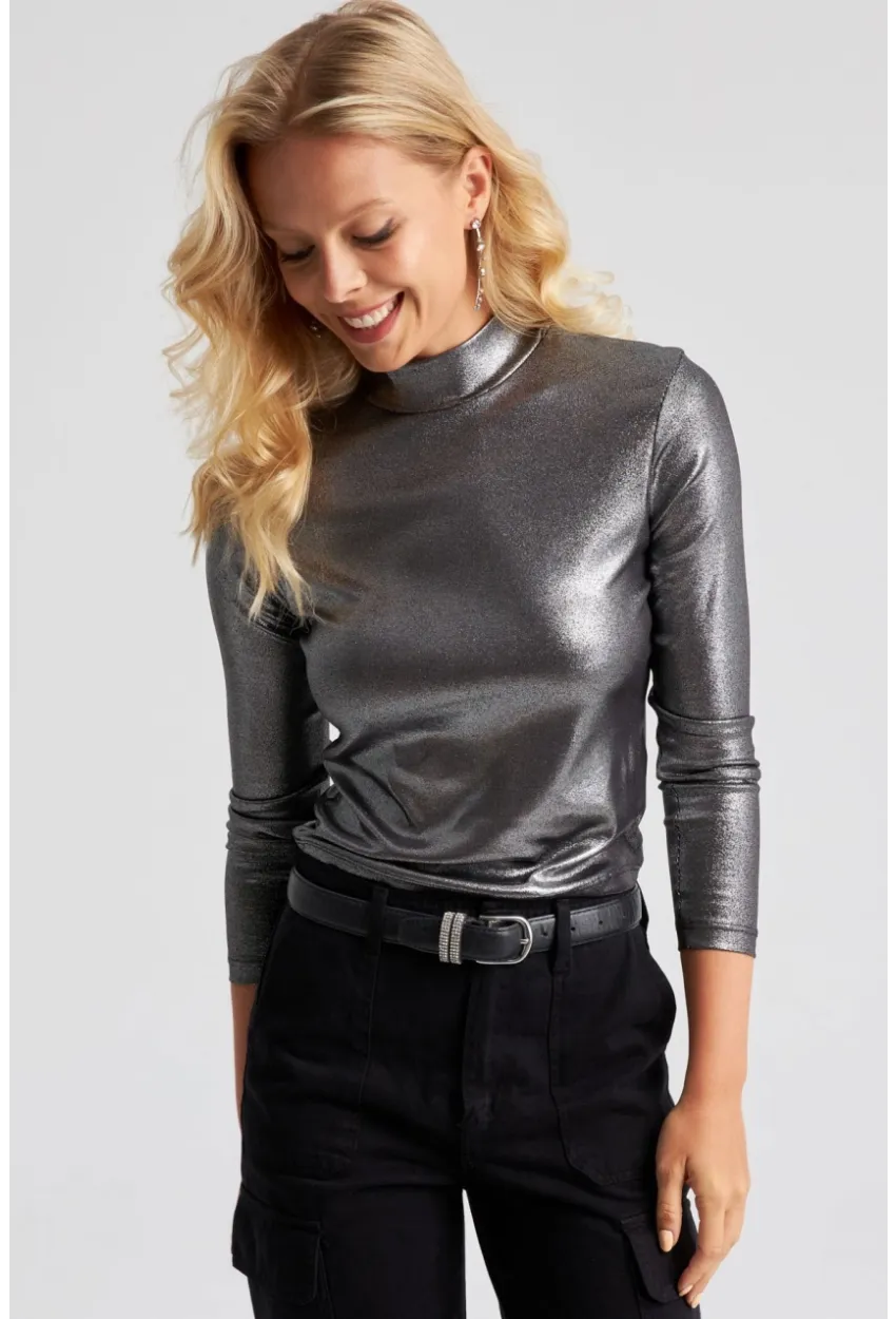 Kadın Gümüş Rengi Parlak Bluz LPP1245