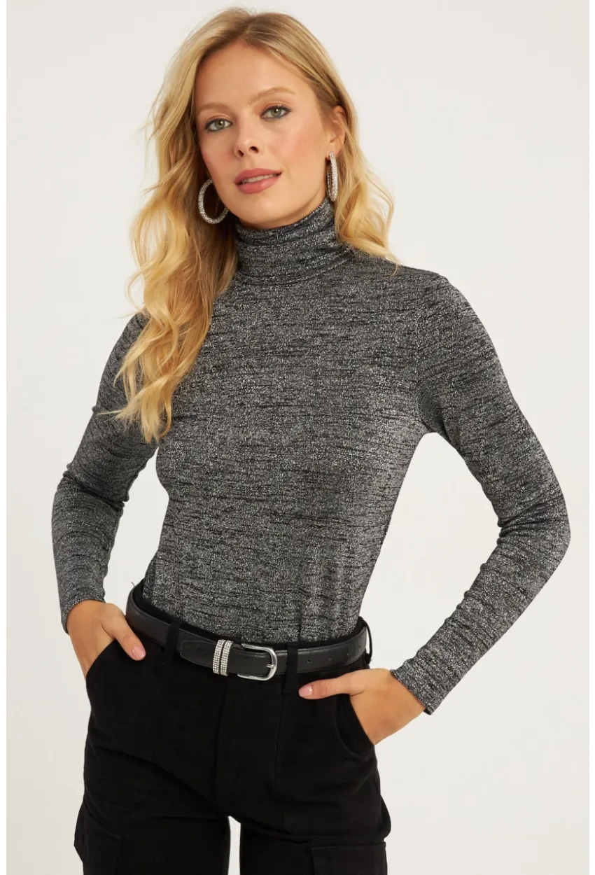 Kadın Gümüş Rengi Simli Balıkçı Bluz RX435