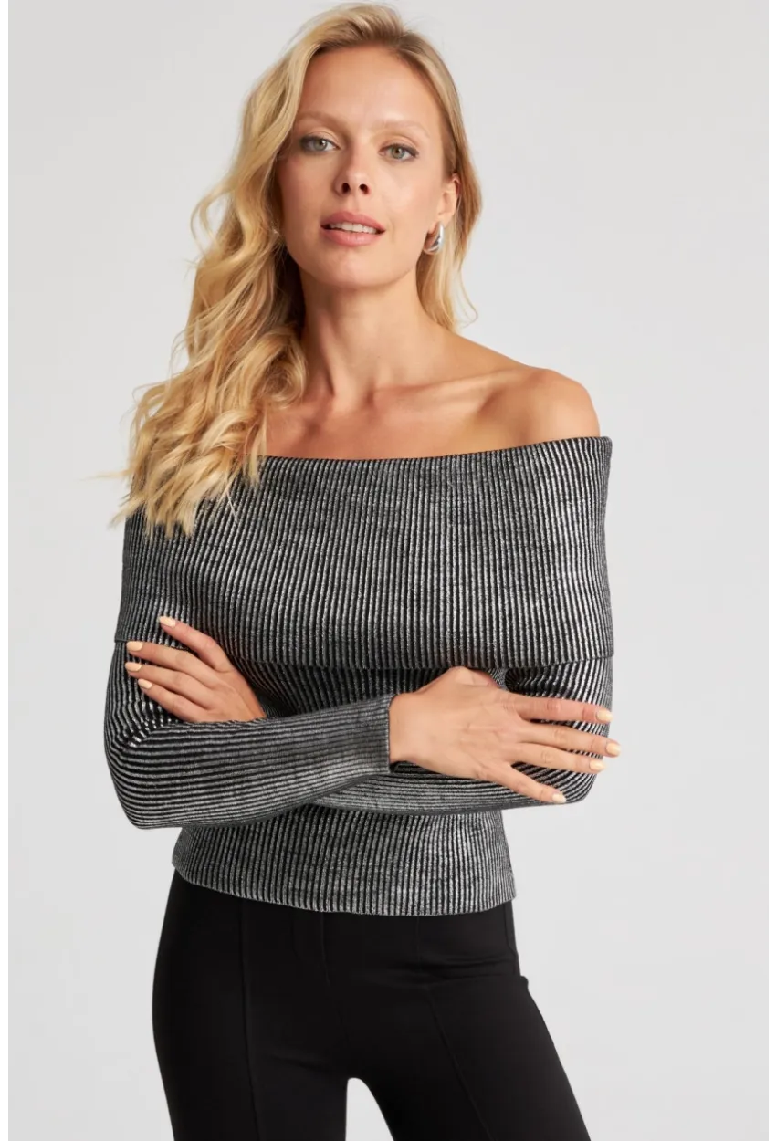 Kadın Gümüş Rengi Varaklı Madonna Triko Bluz SF2523