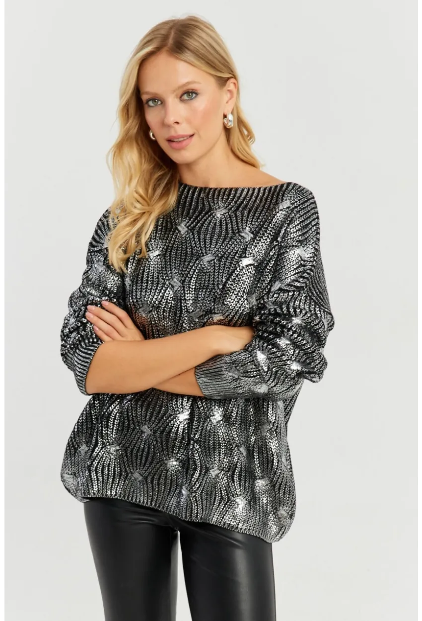 Kadın Gümüş Rengi Varaklı Triko Kazak SF2533