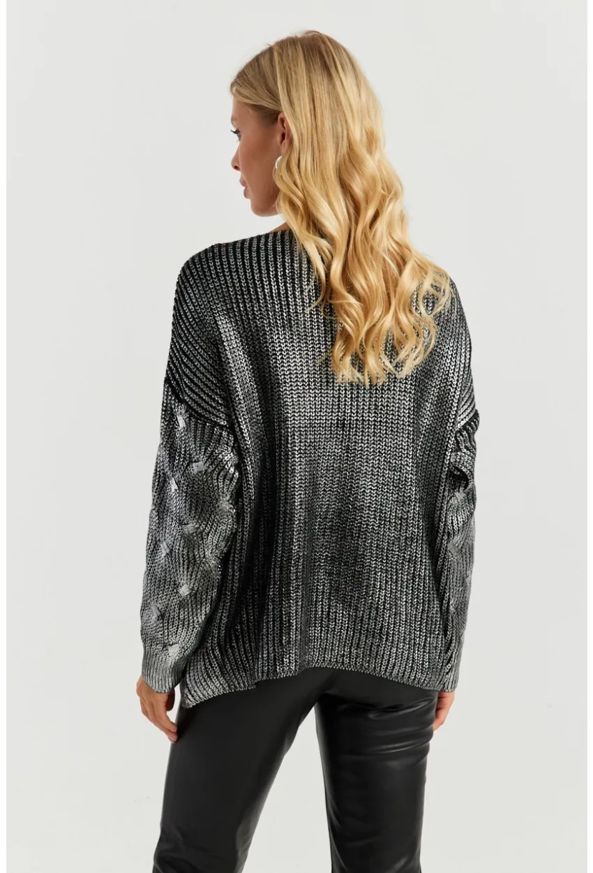 Kadın Gümüş Rengi Varaklı Triko Kazak SF2533