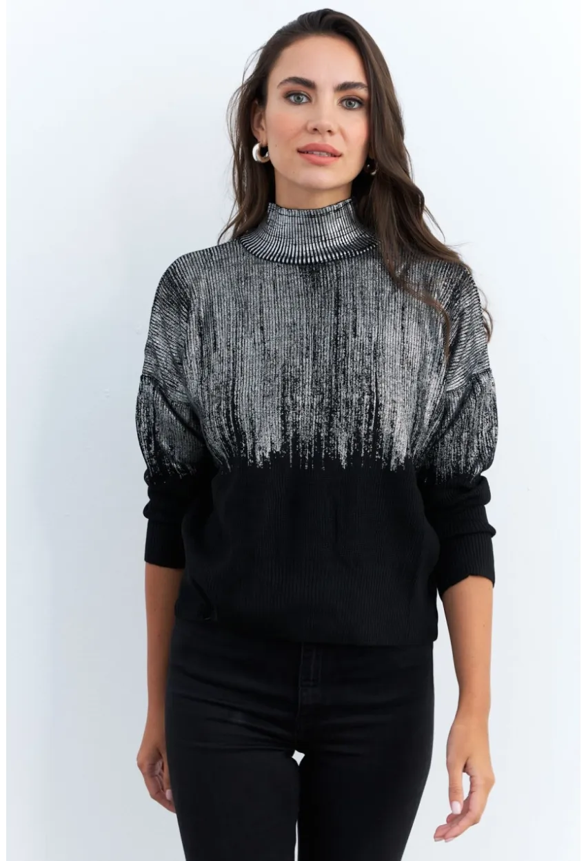 Kadın Gümüş-Siyah Balıkçı Yaka Varaklı Kazak RM07