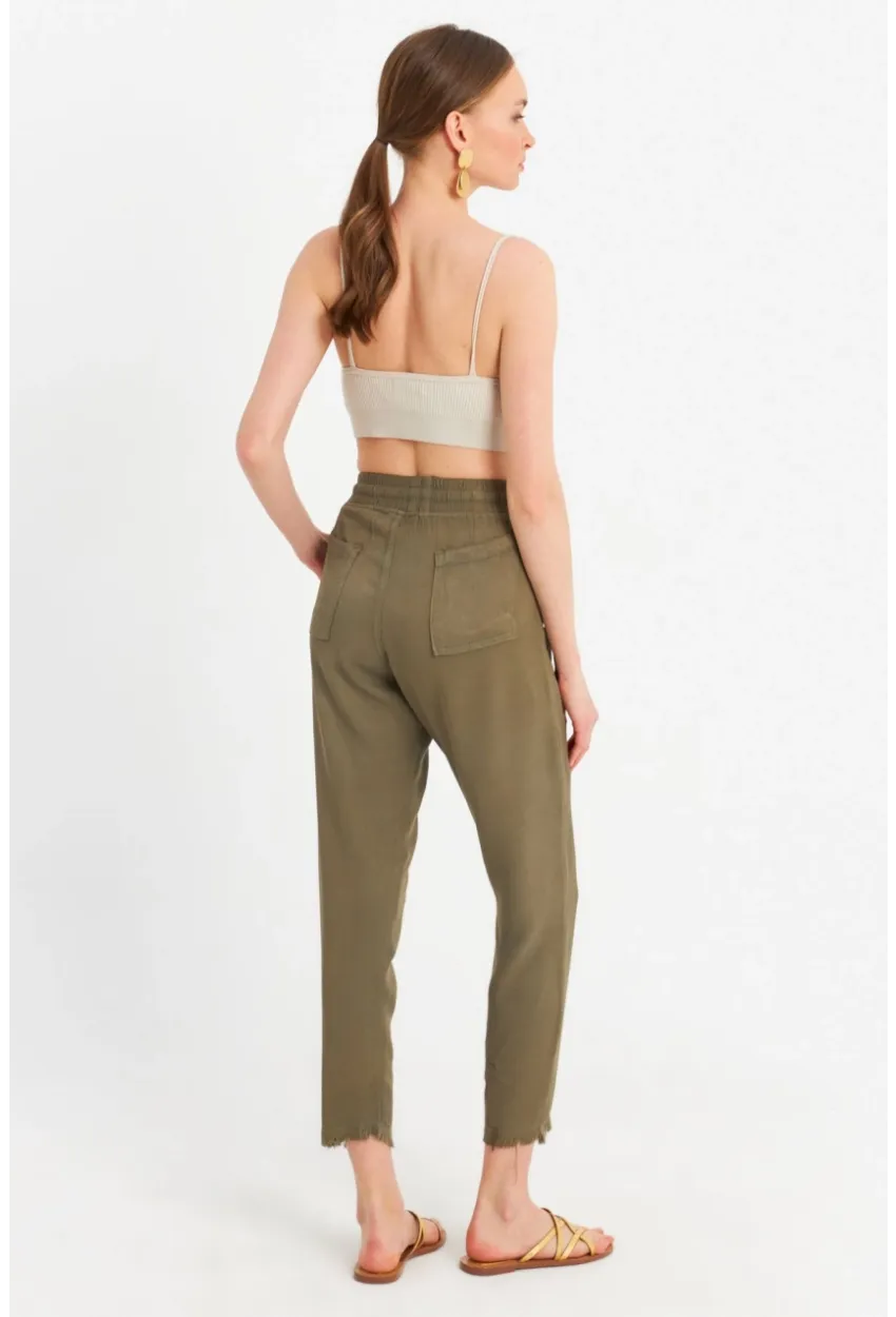 Kadın Haki Beli Lastikli Tensel Pantolon SUN201