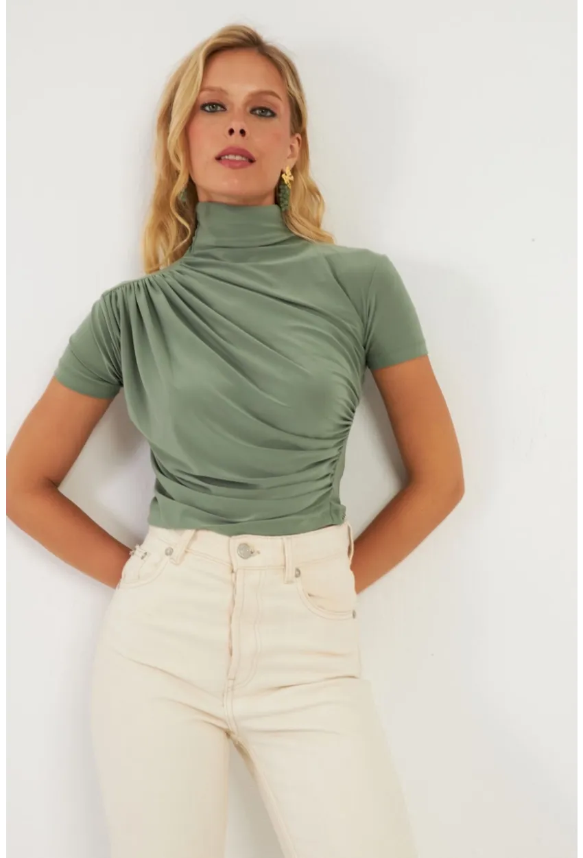 Kadın Haki Büzgülü Bluz LPP1287