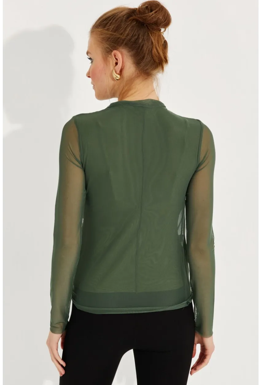 Kadın Haki Büzgülü Drapeli Tül Bluz LPP1244